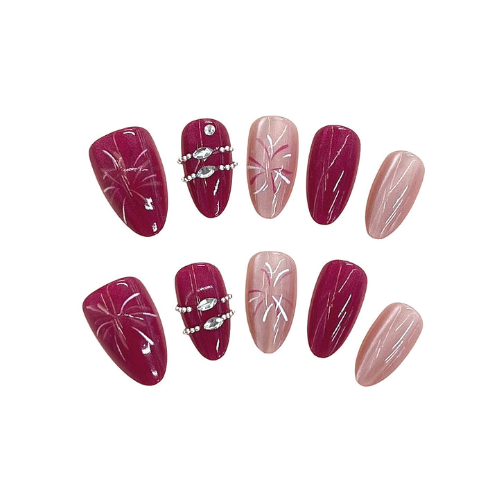 Artistic Press-On Nail Set with Floral Patterns and Gem Accents Stornfield