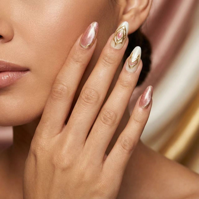 Artificial nails with floral gold accents and glossy finish Stornfield