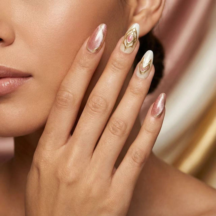 Artificial nails with floral gold accents and glossy finish Stornfield