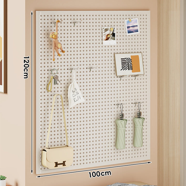 Large Vertical Perforated Wall Storage Panel with Adjustable Hooks and Accessory Mounts