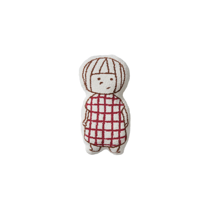 Doll-shaped decorative cushion with chenille texture and checkered embroidery