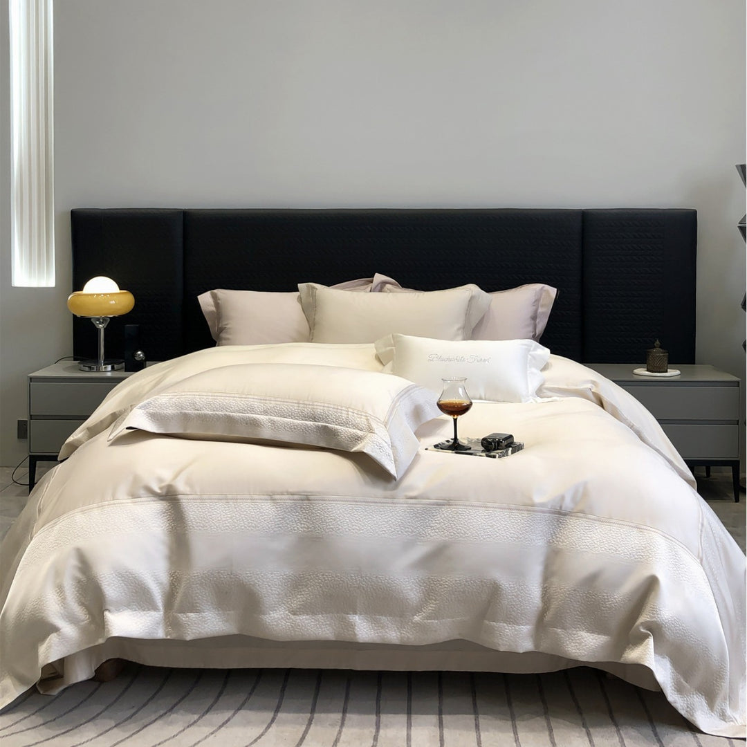 Hotel-Style Organic Cotton Duvet Cover Set with Woven Border and Envelope Pillowcases