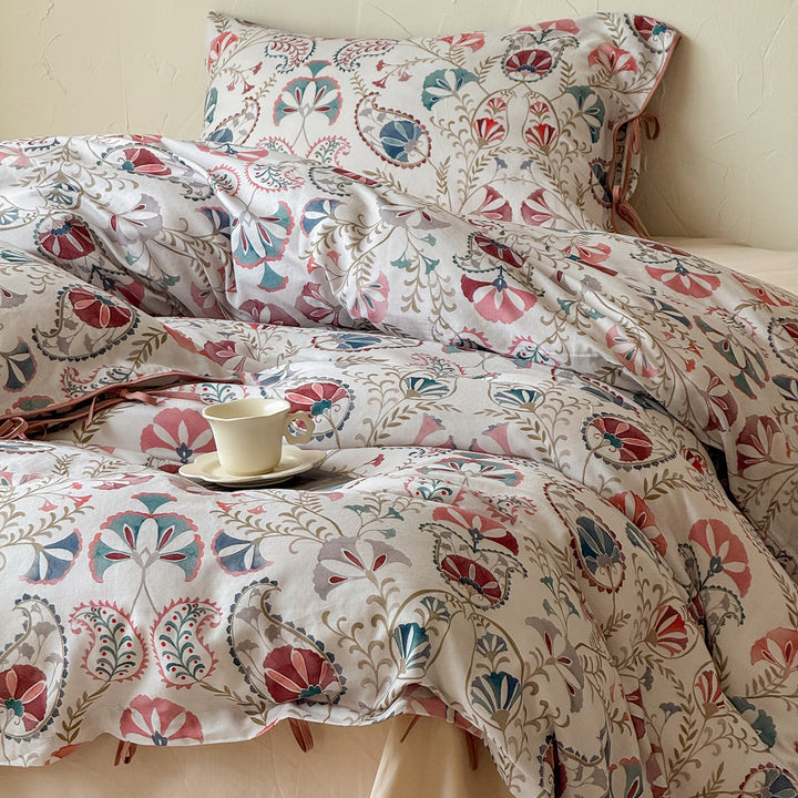 Patchwork Floral Cotton Percale Duvet Cover Set with Button Closure and Corner Ties