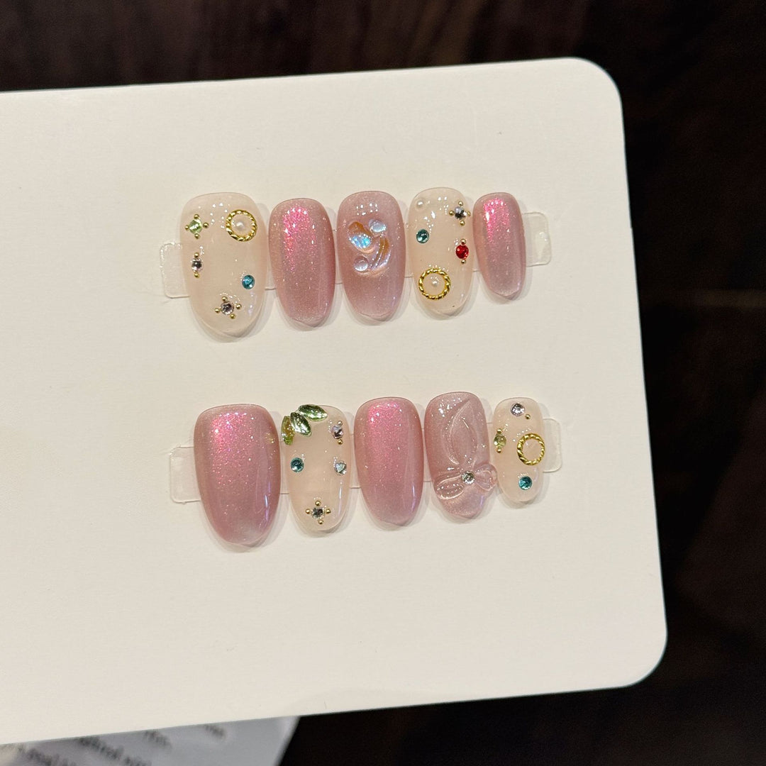 Decorative Press-On Nail Art Set with Unique Gem and Bow Accents