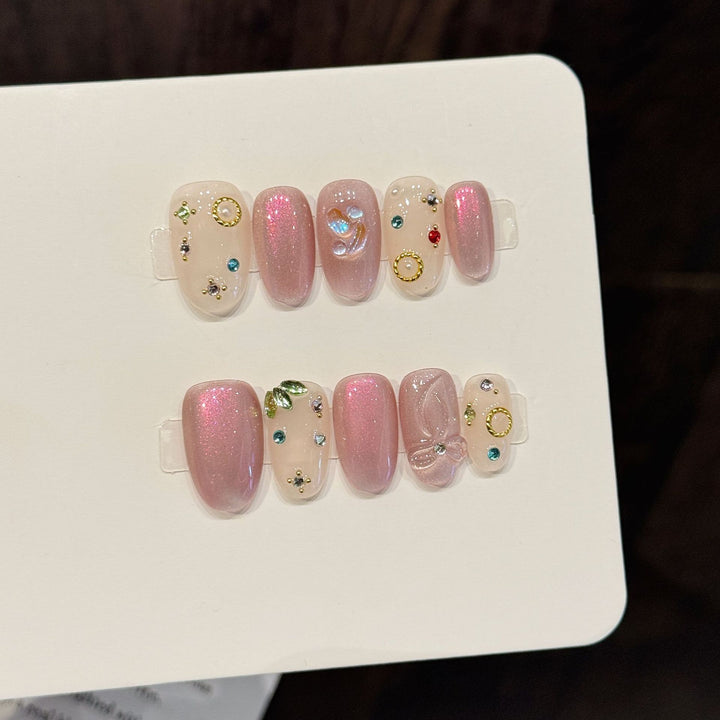 Decorative Press-On Nail Art Set with Unique Gem and Bow Accents