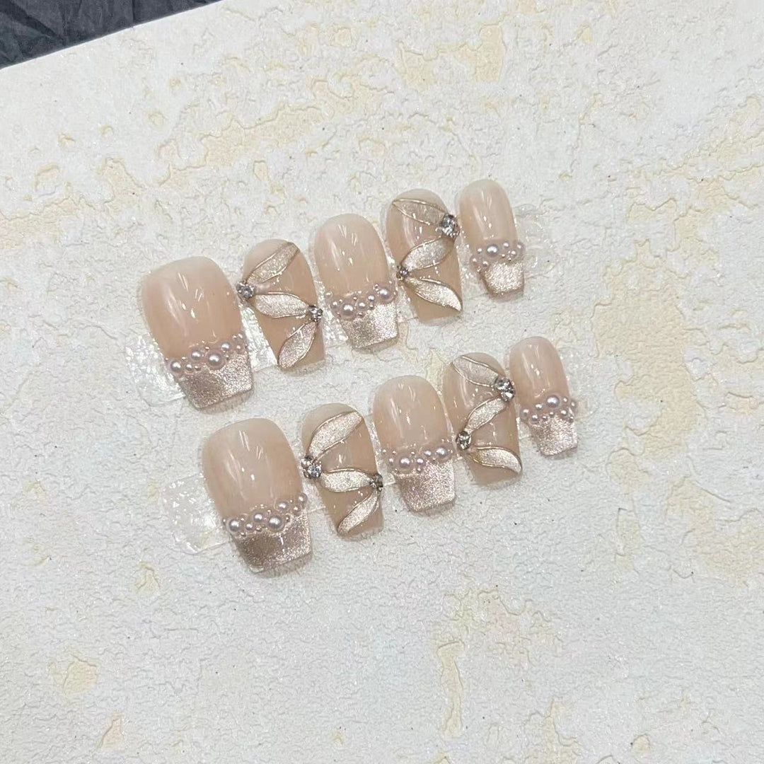 Luxurious Decorative Press-On Nail Set with Pearl and Gemstone Accents Stornfield