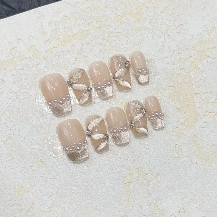 Luxurious Decorative Press-On Nail Set with Pearl and Gemstone Accents Stornfield