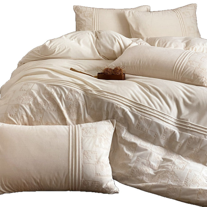 Embroidered Cotton Sateen Duvet Cover Set with Pintuck Panels and Pillow Shams
