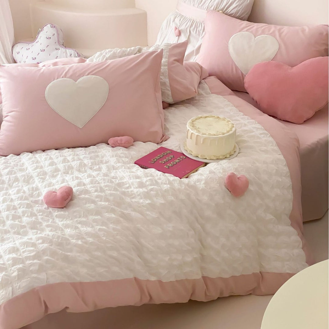 Heart Appliqué Textured Ruffled Duvet Cover Set