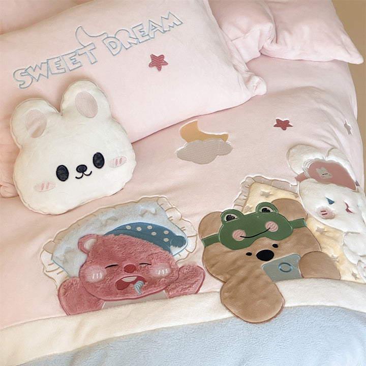 Cartoon Space-Themed Cotton Duvet Cover Set with Reversible Velvet Scallop Trim and Embroidered Astronaut Motifs
