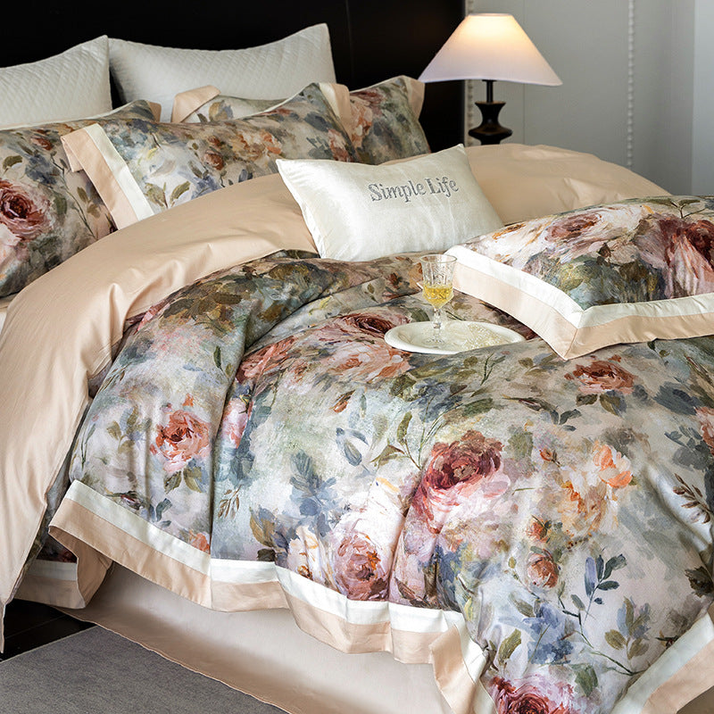 Vintage Painterly Floral Brushed Microfiber Duvet Cover Set with Contrast Ribbon Border