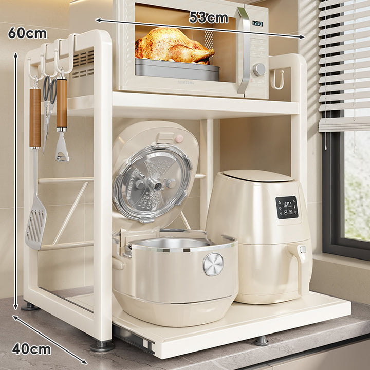 Countertop Appliance Storage Rack with Sliding Tray and Utensil Hooks