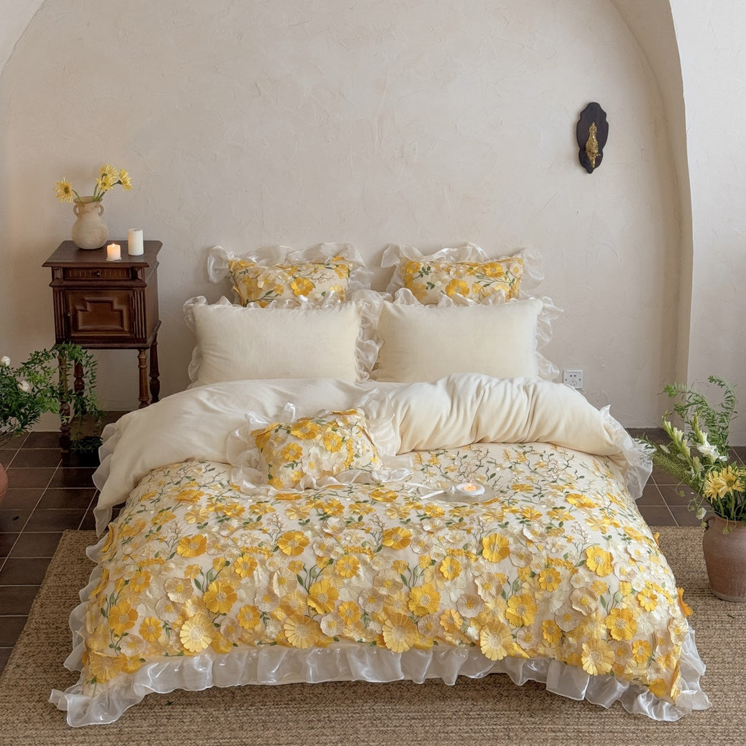 Embroidered Floral Organza Ruffle Duvet Cover Bedding Set