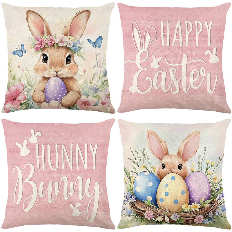 Square Cotton-Linen Decorative Throw Pillow Cover with Easter Bunny Script Print