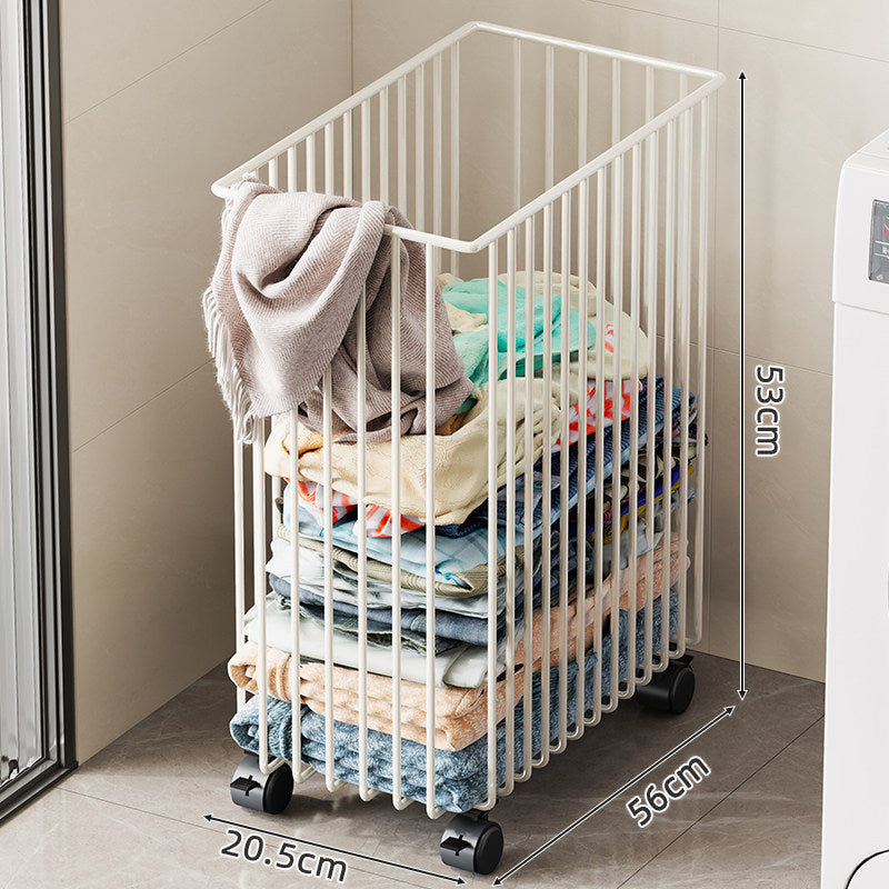 Tall Rolling Metal Laundry Basket with Vertical Slats and Swivel Casters