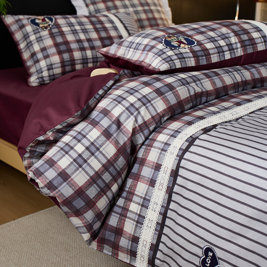 Reversible Plaid and Pinstripe Cotton Sateen Duvet Cover Set with Embroidered Heart Appliqués and Contrast Solid Backing