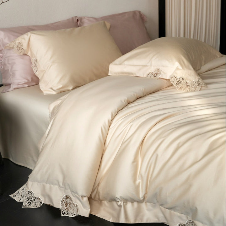 Luxury Satin Duvet Cover Set with Heart Cutwork Lace Trim