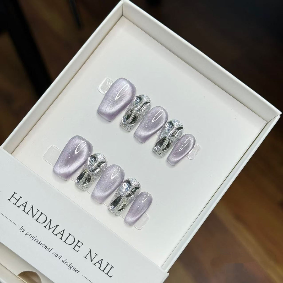Handmade Press-On Nail Art Set with Glitter Accents