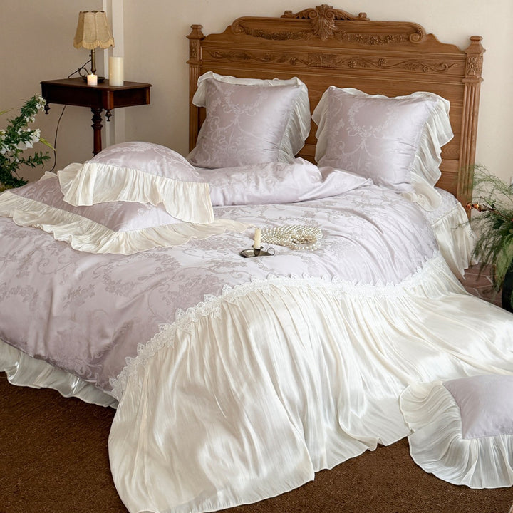 Romantic Pleated Silk-Feel Duvet Cover Ensemble with Lace-Edged Floor-Length Skirt