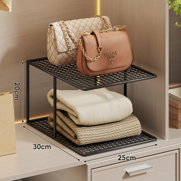 Triple-Tier Grid Mesh Closet Shelf Organizer with Stackable Modular Design