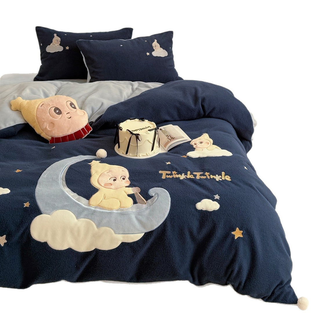 Plush Embroidered Fleece Duvet Cover Set with Moon Baby Appliqué
