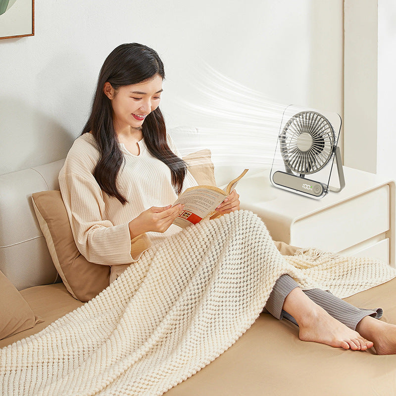 Cooling clear acrylic-framed rechargeable portable desk fan with digital battery percentage display and foldable handle Stornfield