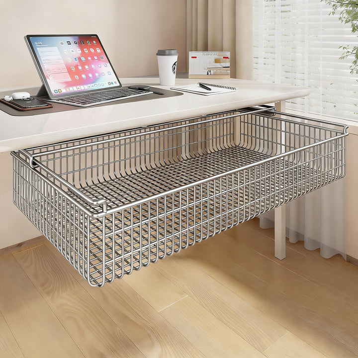 Under-Desk Pull-Out Sliding Mesh Storage Basket Drawer with Soft-Glide Rails