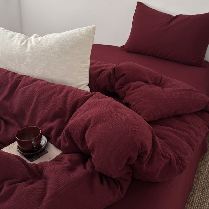 Washed Cotton Gauze Textured Duvet Cover Set with Deep-Pocket Fitted Sheet