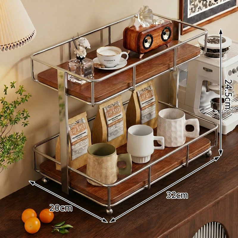 Two Tier Wood-Top Metal Countertop Kitchen Organizer Rack