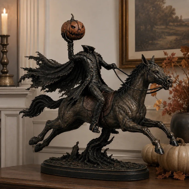 Decorative Halloween figure on horse with pumpkin Stornfield