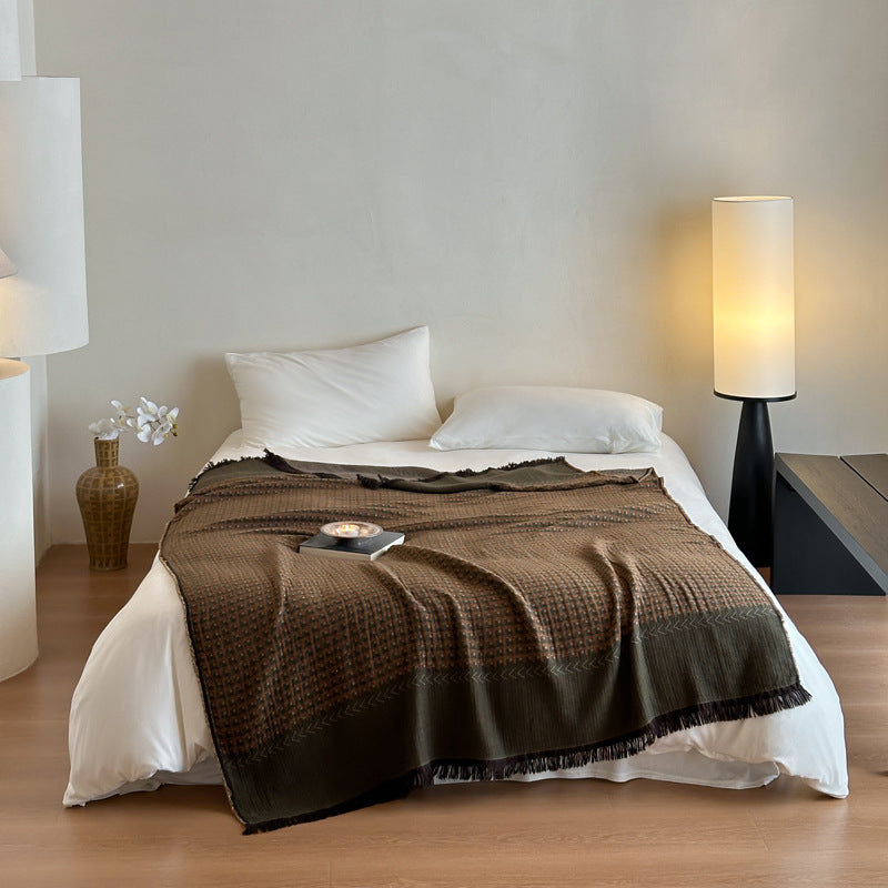 Woven Waffle-Texture Fringed Throw Blanket