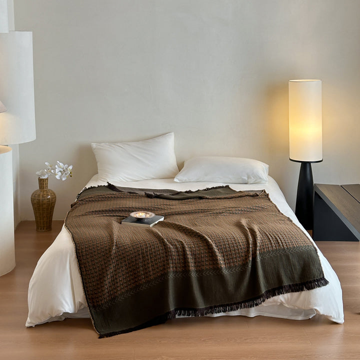 Woven Waffle-Texture Fringed Throw Blanket