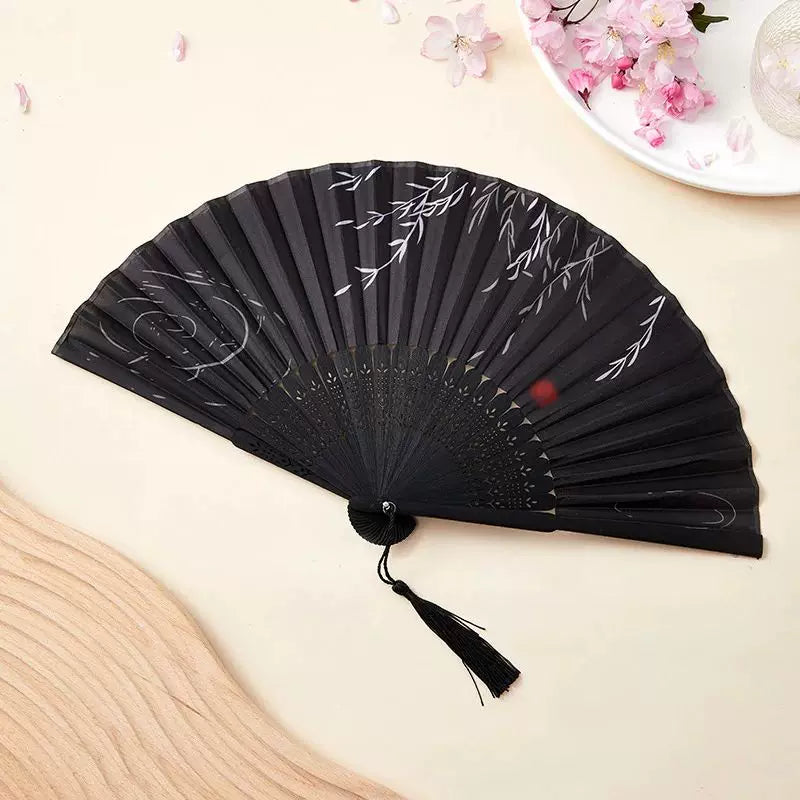 Women One Size Handcrafted Bamboo Rib Foldable Fan with Hand-Painted Calligraphic Willow Design and Decorative Tassel Stornfield