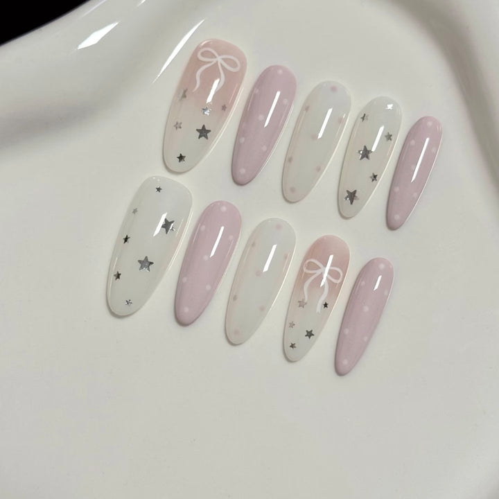 Decorative Press-On Nail Art Set with Stars and Bow Designs