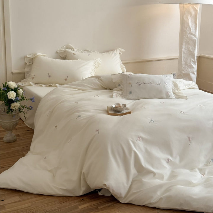 Embroidered Mini-Floral Sateen Duvet Cover Set with Frilled Pillow Shams and Accent Cushion Cover