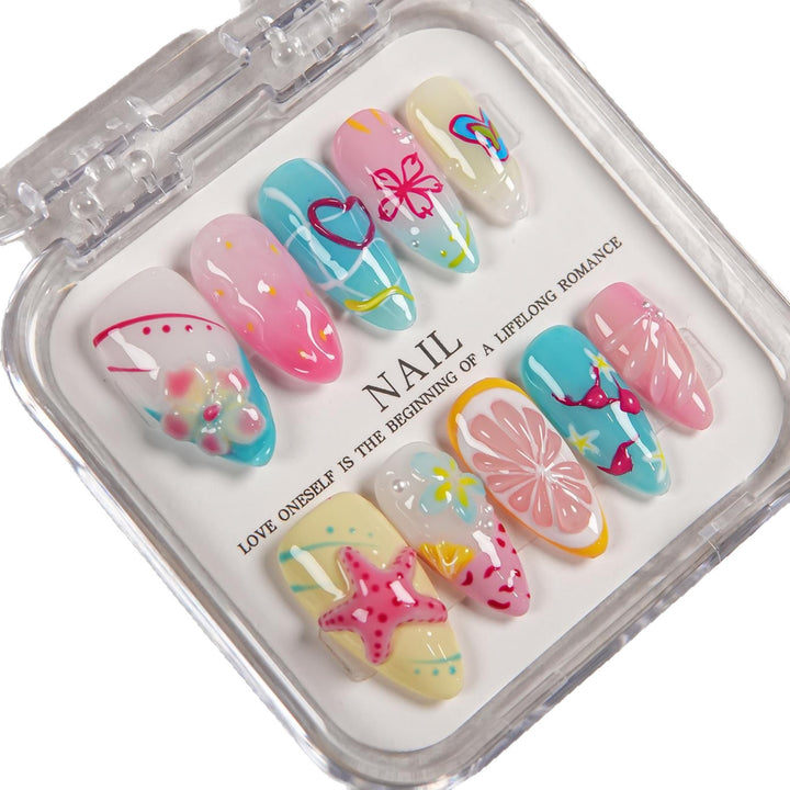 Artistic Press-On Nail Set Featuring Summer Designs