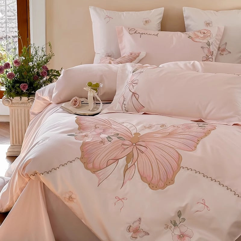 Embroidered Silk-Feel Butterfly Floral Duvet Cover Set