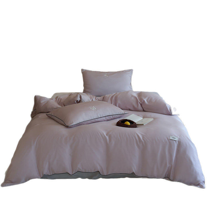 Satin-Feel Cotton Sateen Duvet Cover Set with Embroidered Cat Motif and Contrasting Piping