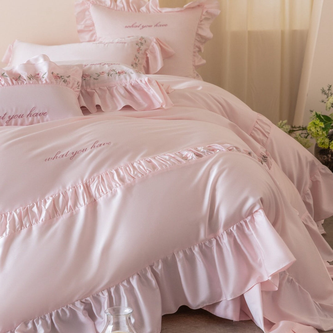 Frilled Embroidered Cotton Sateen Duvet Cover Set