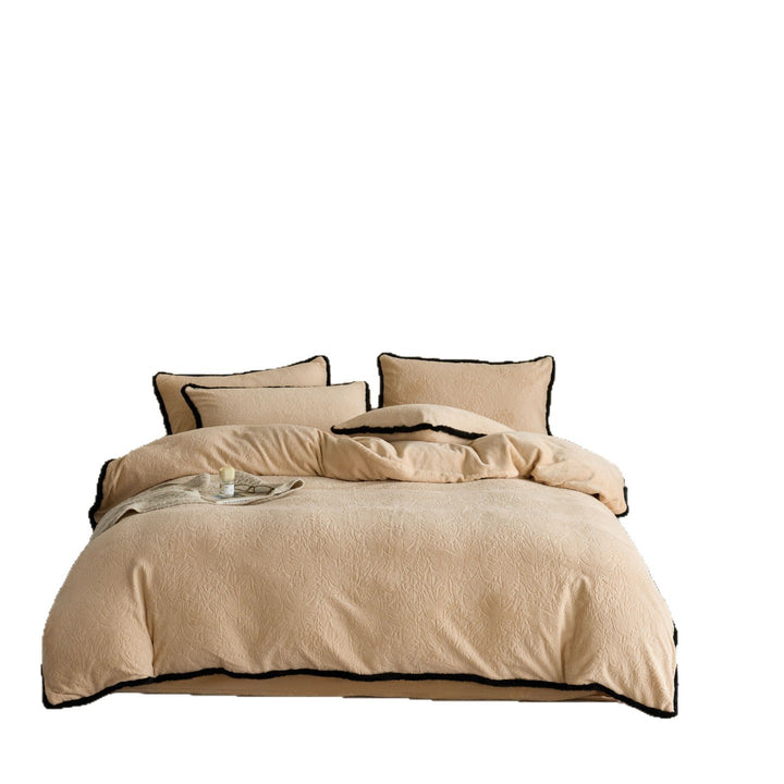 Luxury bed linen set made of cotton velvet with matelassé quilting and faux fur trim