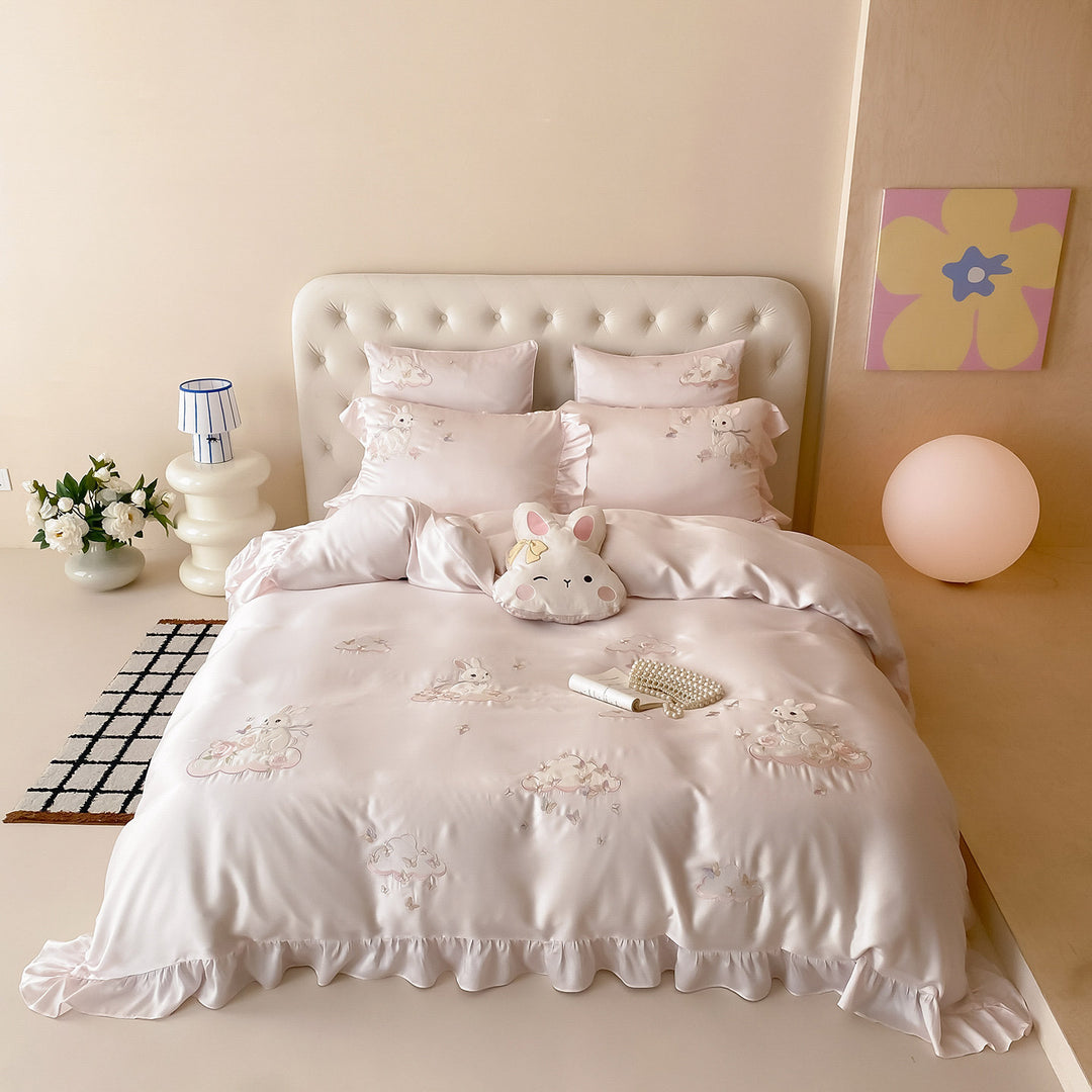 Silky Embroidered Bunny Satin Duvet Cover Set with Ruffled Hem & Oxford Shams