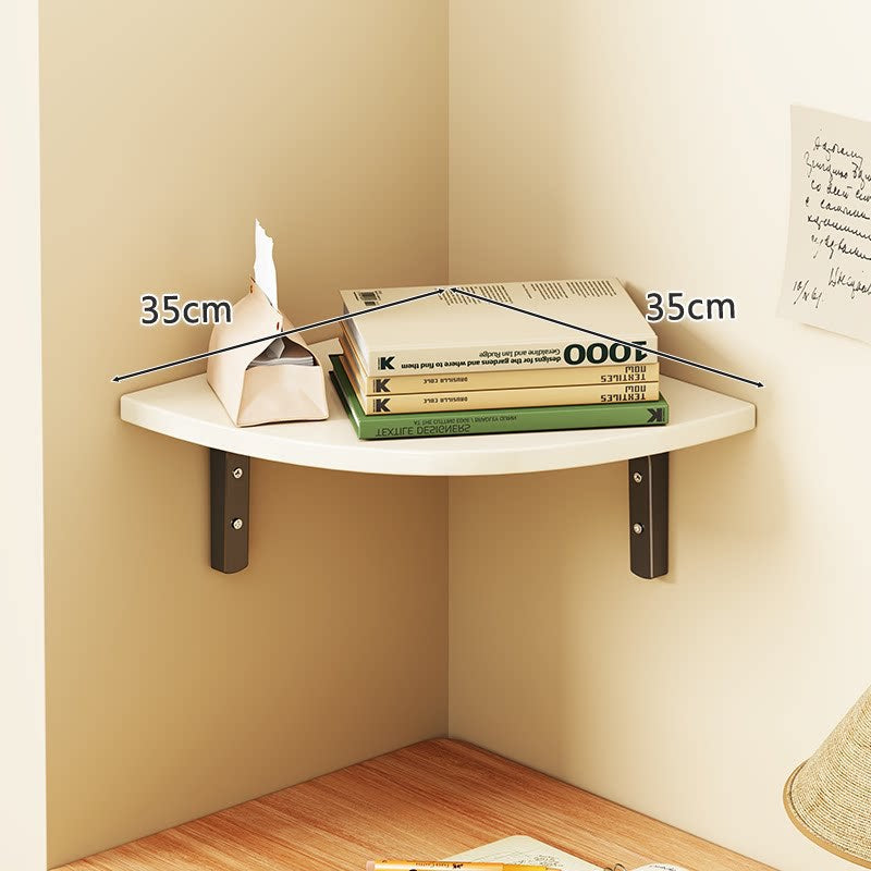 Corner Floating Wall Shelf with Curved Triangular Wooden Top and Heavy-Duty Metal Brackets