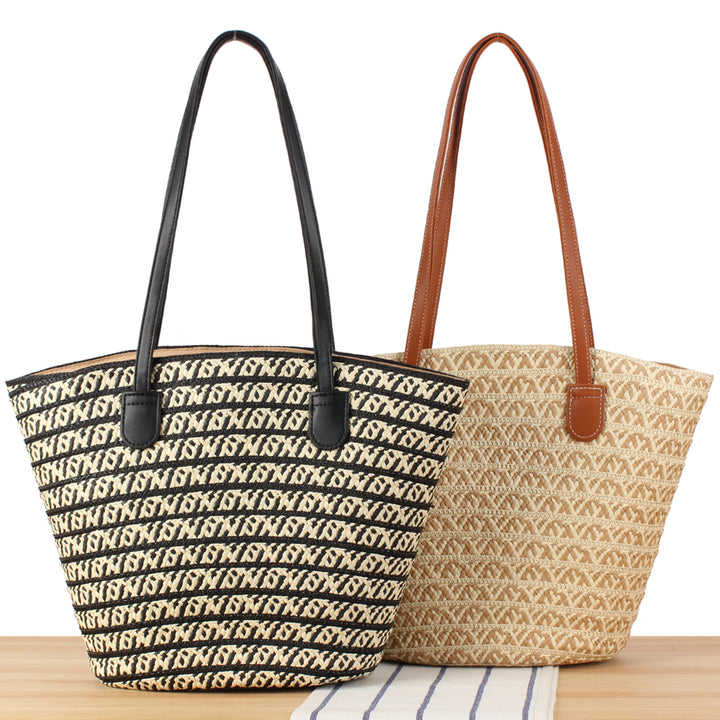 Designer straw bag with contrasting pattern and elegant leather handles Stornfield