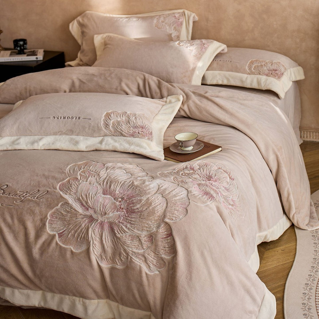 Plush Embroidered Peony Velvet Duvet Cover Ensemble