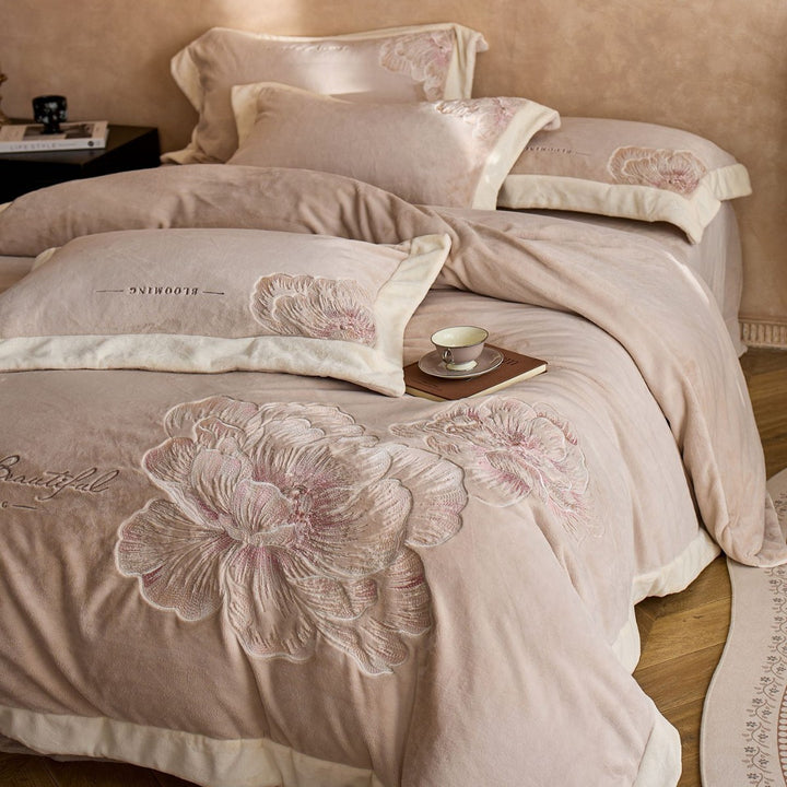 Plush Embroidered Peony Velvet Duvet Cover Ensemble