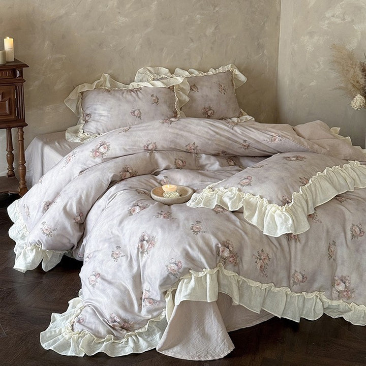 Romantic cotton gauze bedding set with ruffle and watercolor rose print