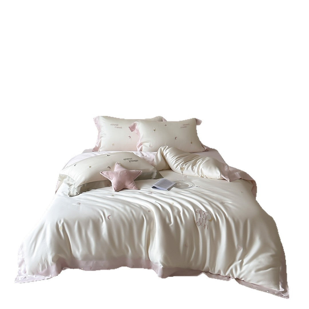 Silky Sateen Crescent-Motif Duvet Cover Set with Embroidered Moon and Reversible Back