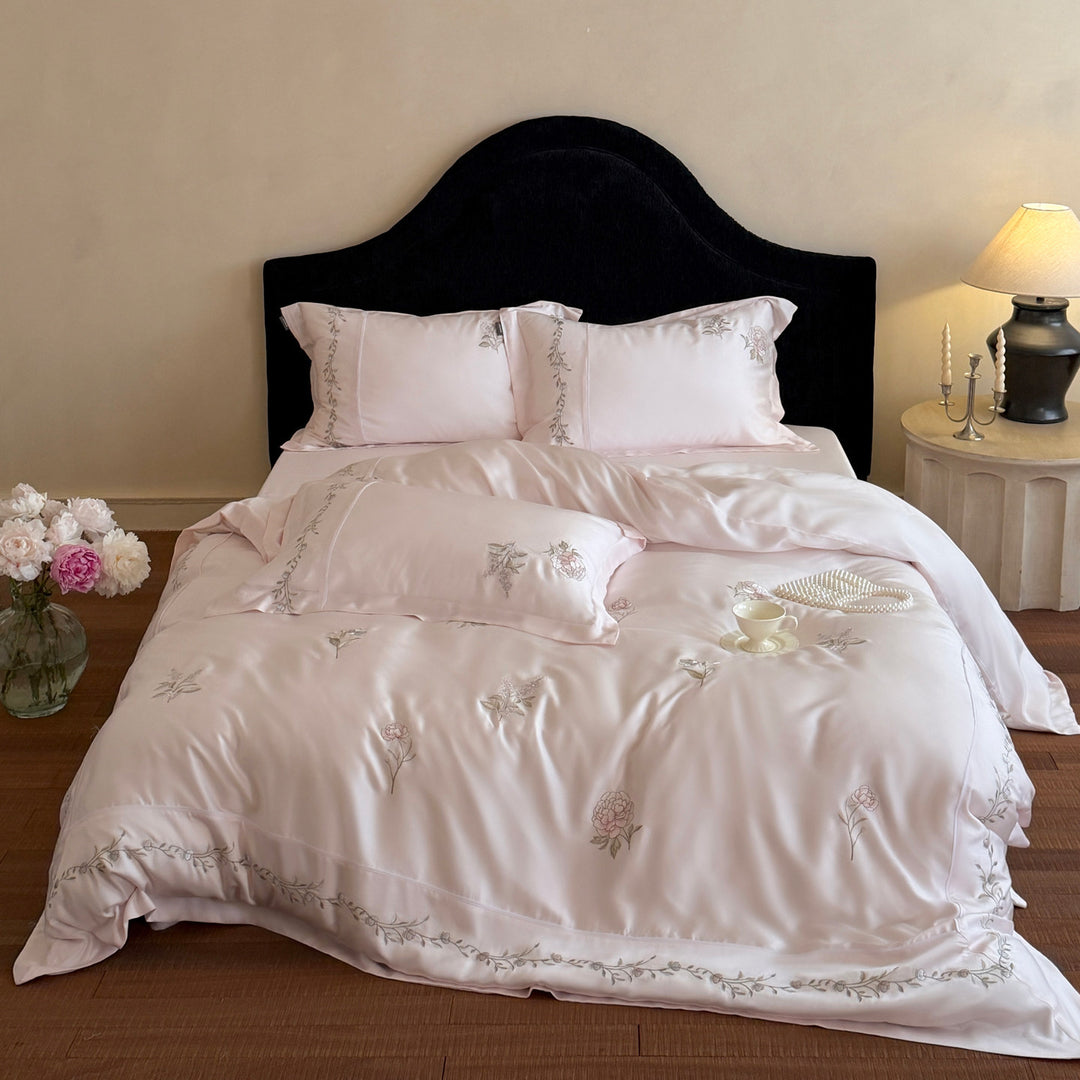 Silk-Feel Floral Embroidered Sateen Duvet Cover Ensemble with Decorative Flange and Lumbar Pillow