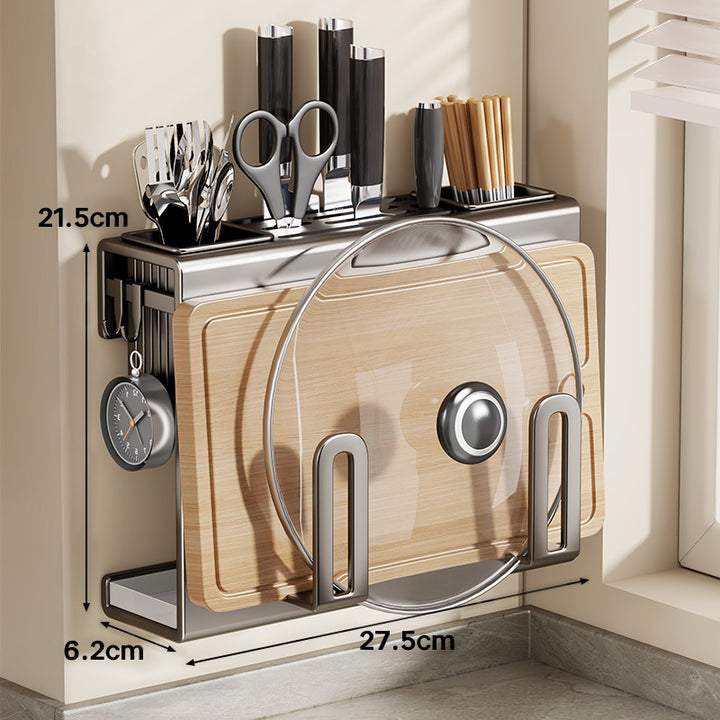 Wall-Mounted Stainless Steel Kitchen Cutting Board and Lid Organizer Rack