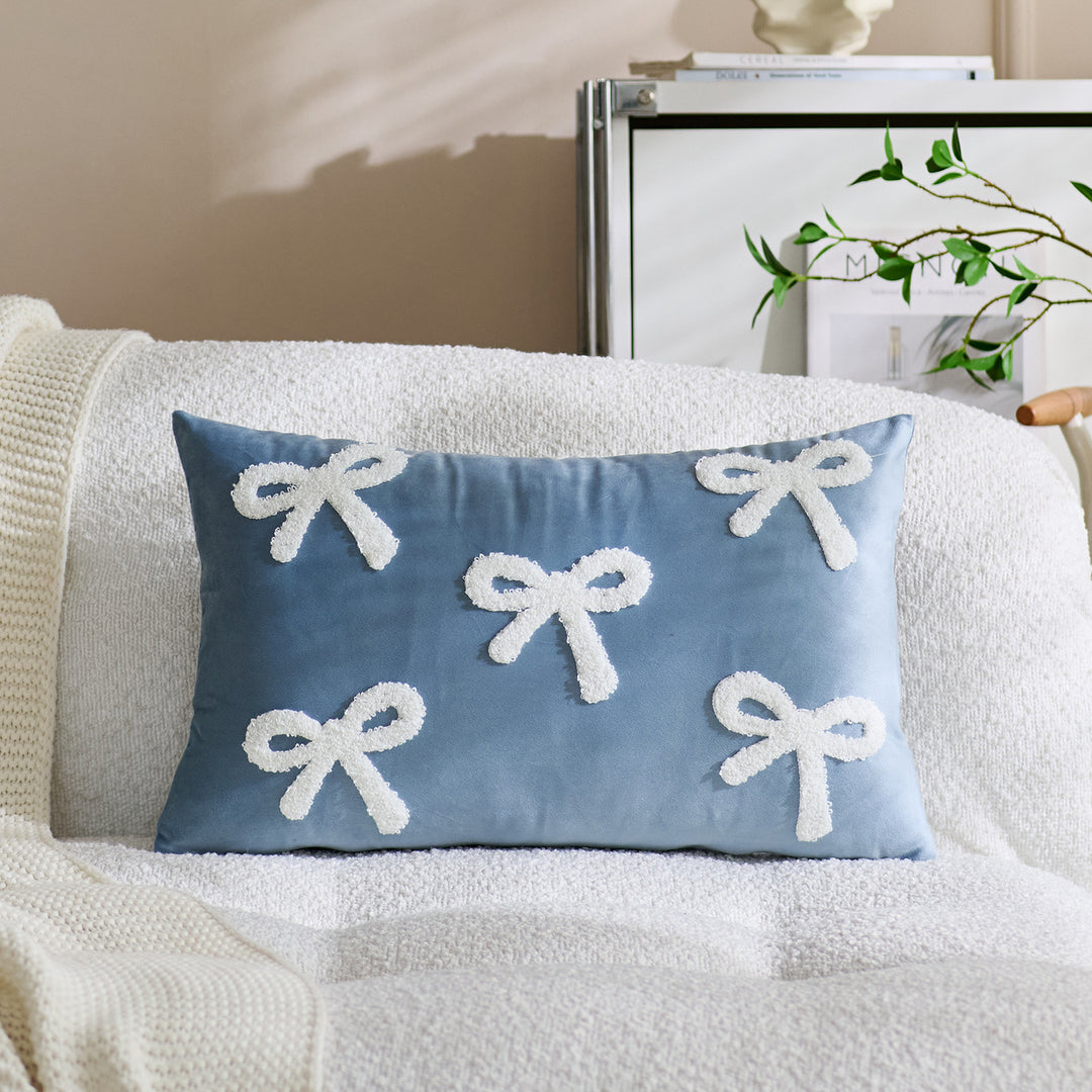 Embroidered Bouclé Bow Velvet Square Throw Pillow Cover